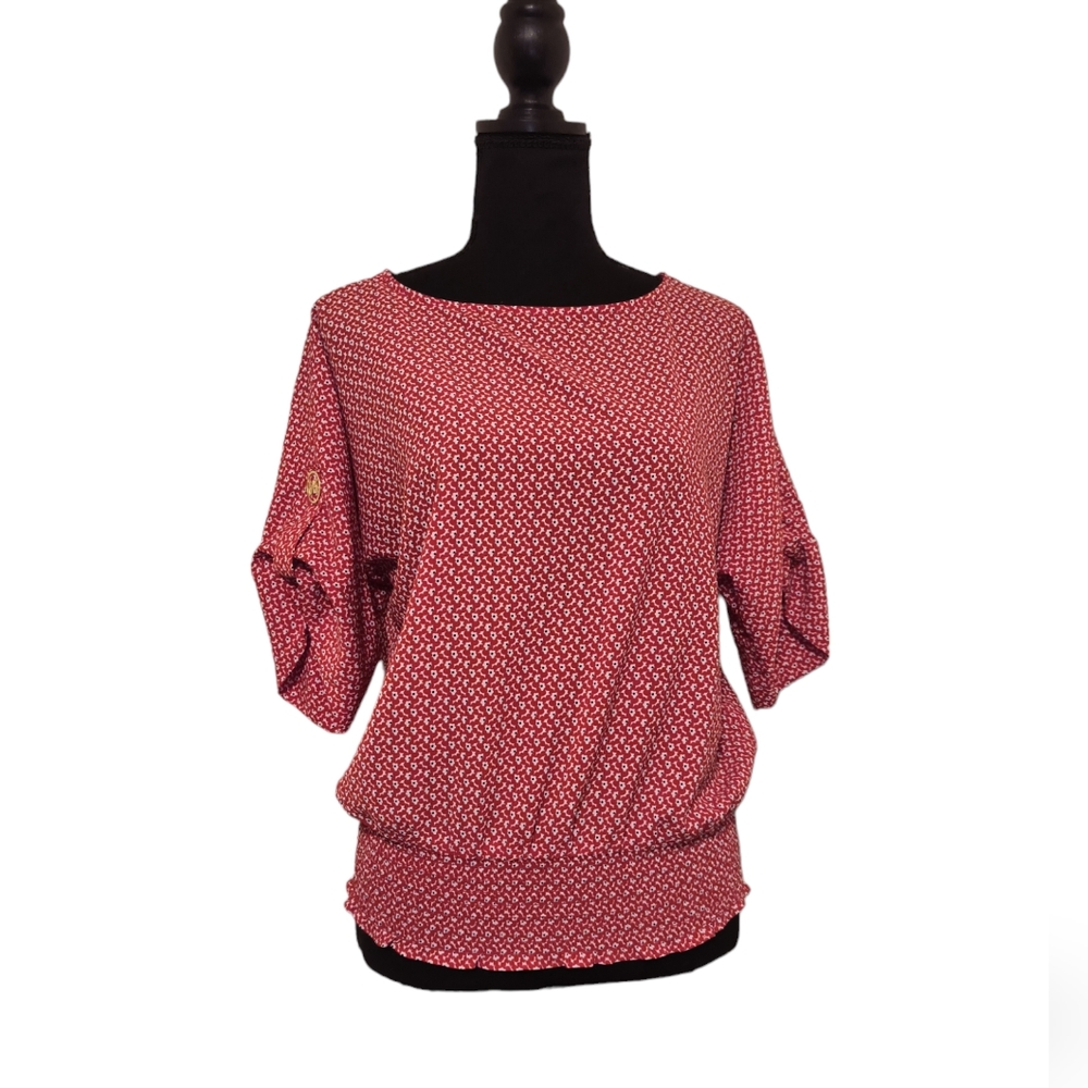 MICHAEL KORS Women's Elastic Waist Tab Sleeve Top Red Poppy Floral Size Small